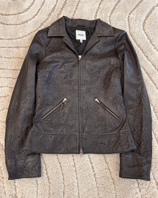 Moschino Embossed Flower Ornament Leather Jacket (XS)