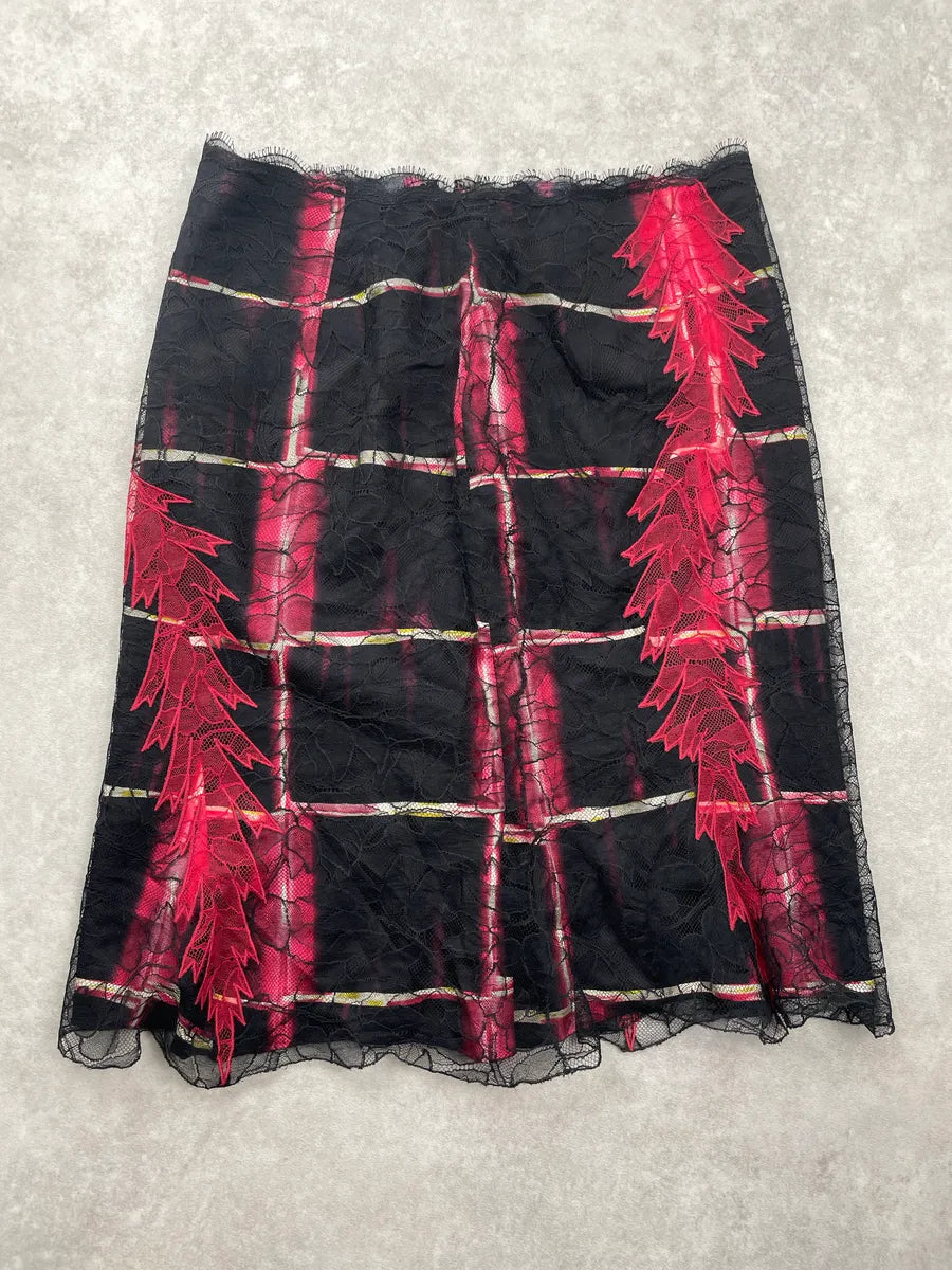 1990s Gianni Versace Black Lace Overlay Plaid Skirt FBjcrNjA 3