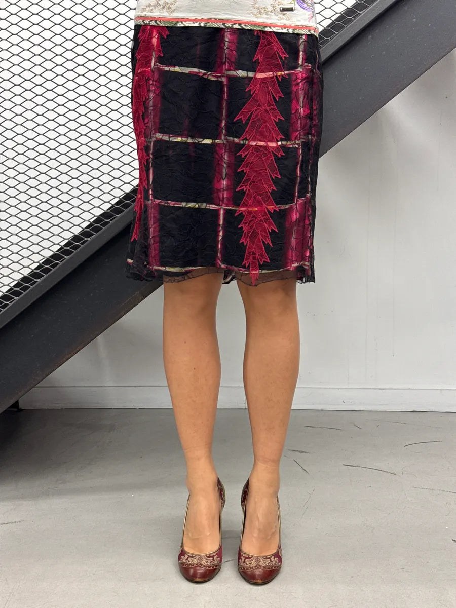 1990s Gianni Versace Black Lace Overlay Plaid Skirt FBjcrNjA 0