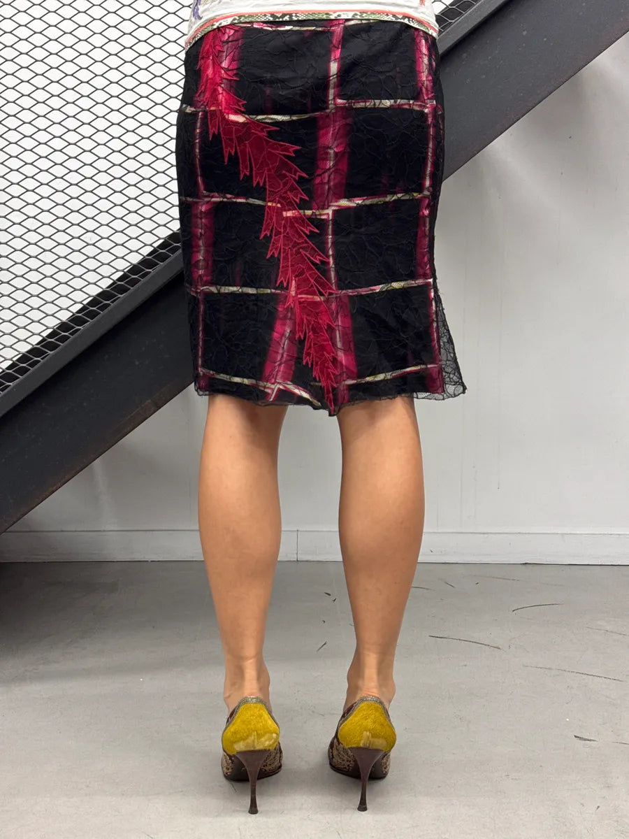 1990s Gianni Versace Black Lace Overlay Plaid Skirt FBjcrNjA 2