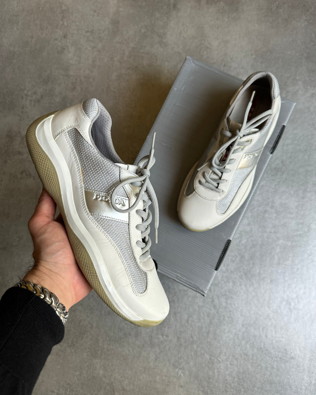 Prada America's Cup Alternative White & Silver Leather Shoes (41) - 1