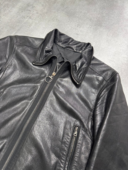 2000s Prada High Collar Black Leather Jacket (M)