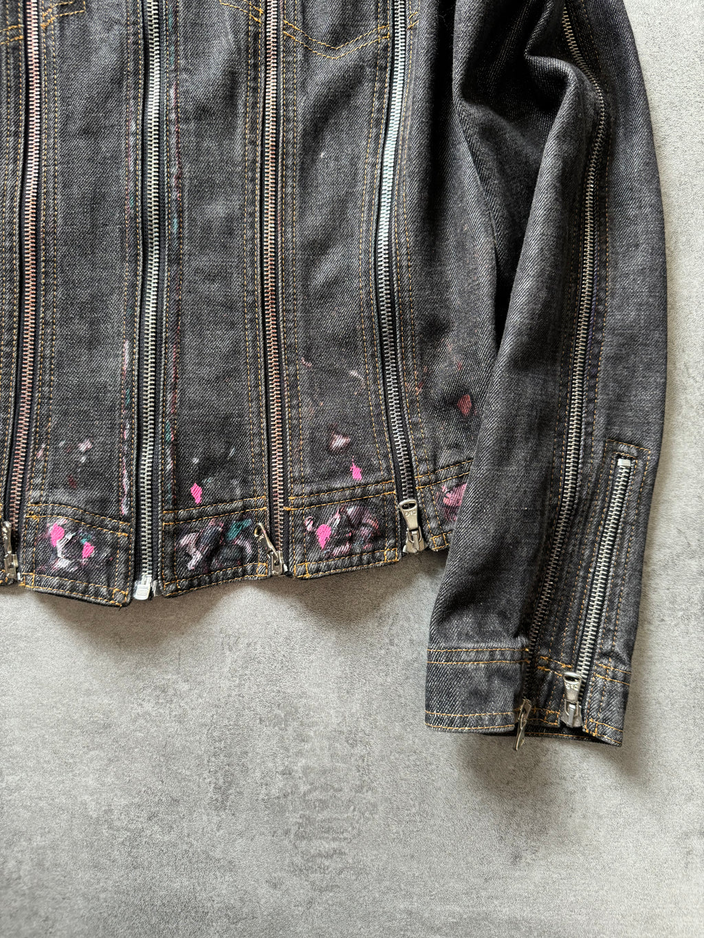SS2003 Dolce & Gabbana Multi Zips Denim Hand Painted Jacket (XS)