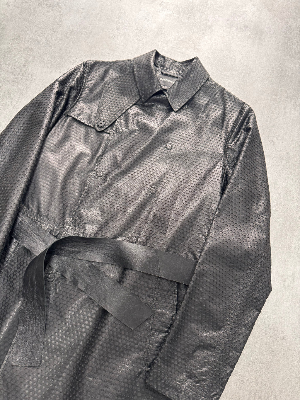 FW2013 Emporio Armani Honeycomb Black Leather Trench Coat
