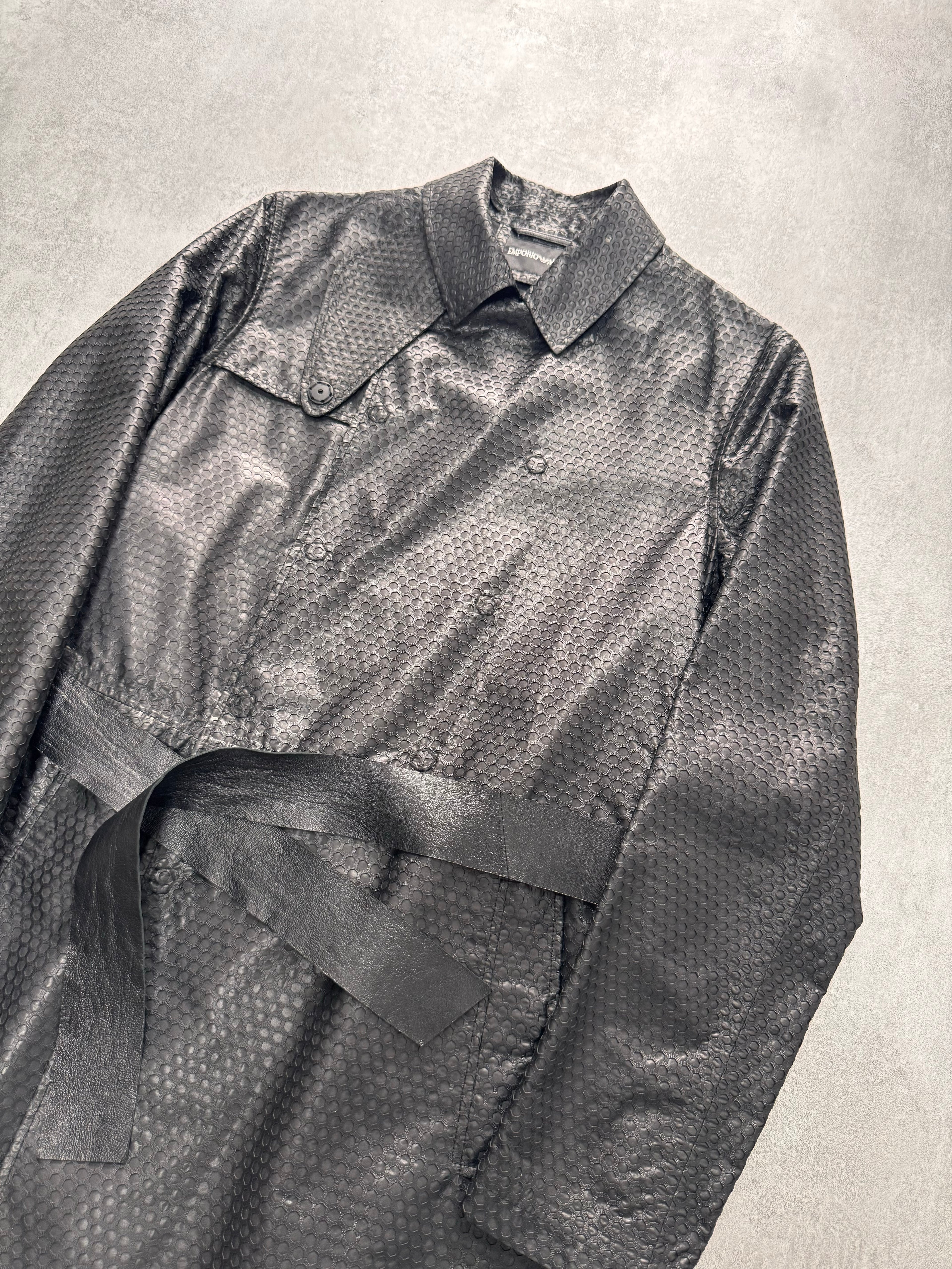 FW2013 Emporio Armani Honeycomb Black Leather Trench Coat