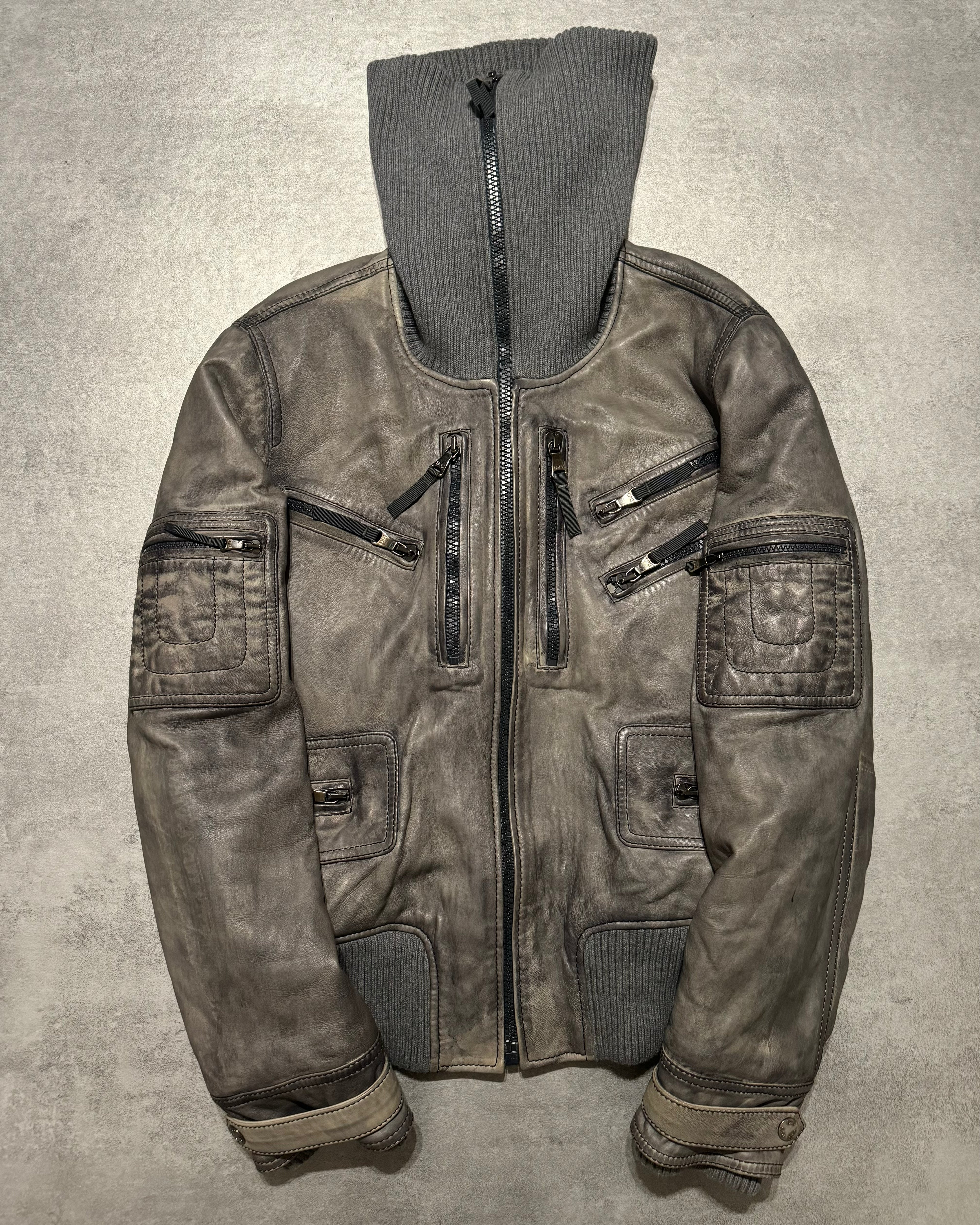 2000s Dolce & Gabbana Multi Zips Grey Archive Leather Jacket (L) - 2