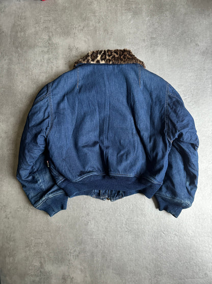 1990s Moschino Leopard Fur Denim Relaxed Bomber Jacket (S) - 3