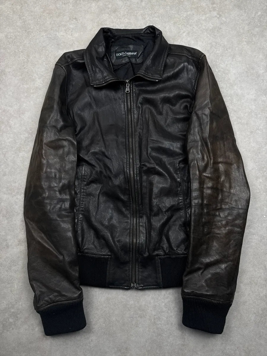2010s Dolce & Gabbana Black Eroded Leather Zip-Up Bomber Jacket FYKWuuOc 2