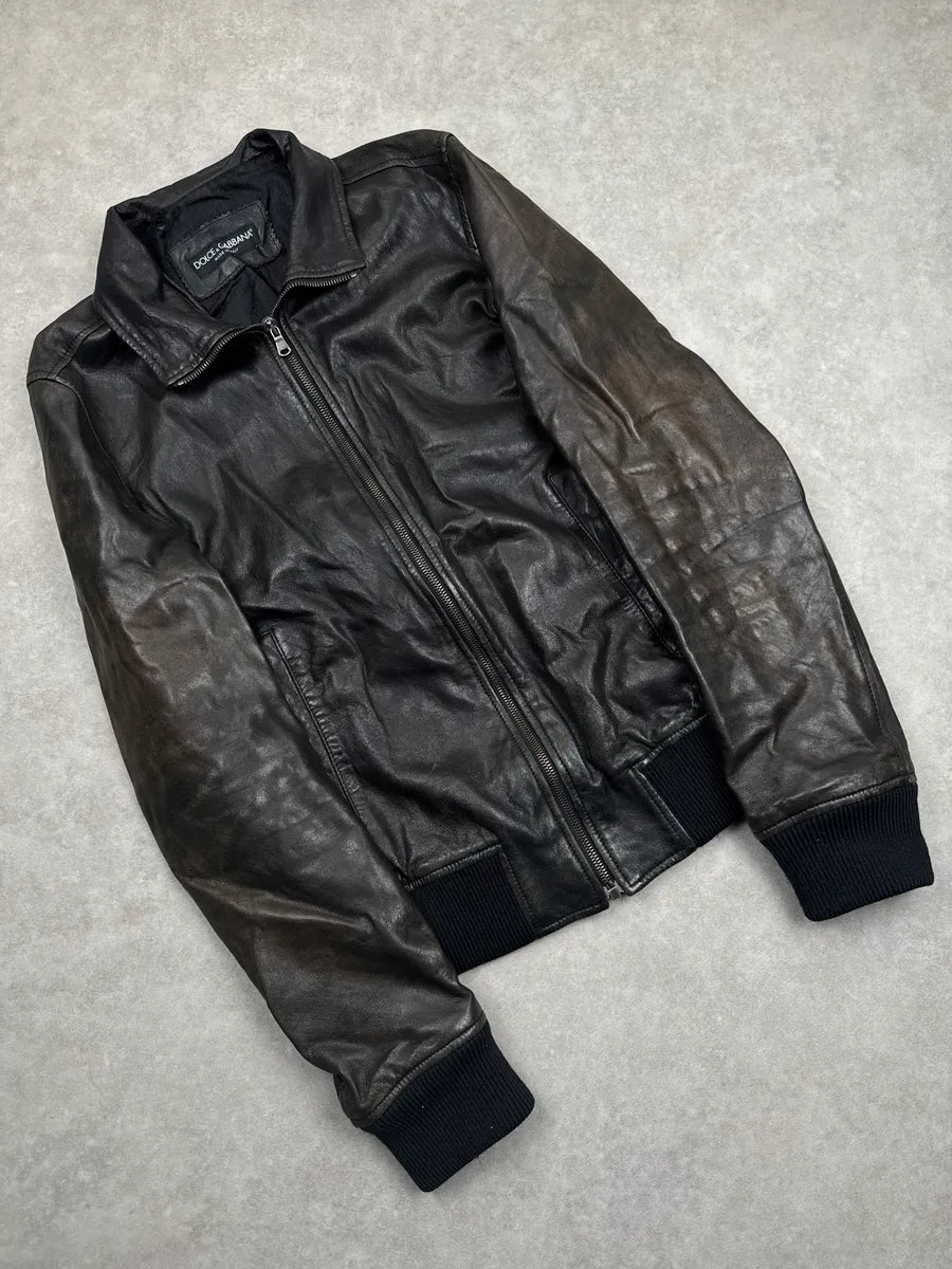 2010s Dolce & Gabbana Black Eroded Leather Zip-Up Bomber Jacket FYKWuuOc 4