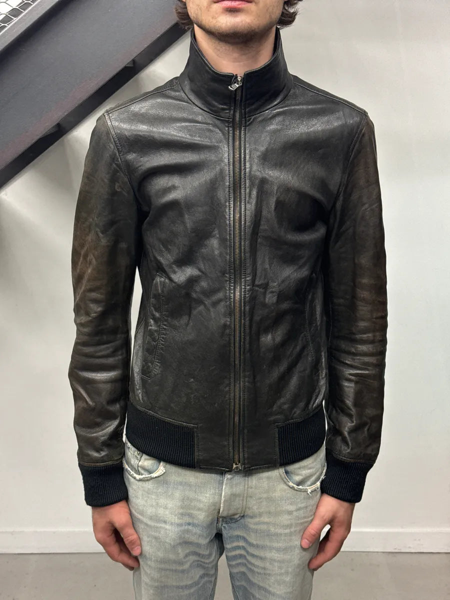 2010s Dolce & Gabbana Black Eroded Leather Zip-Up Bomber Jacket FYKWuuOc 0
