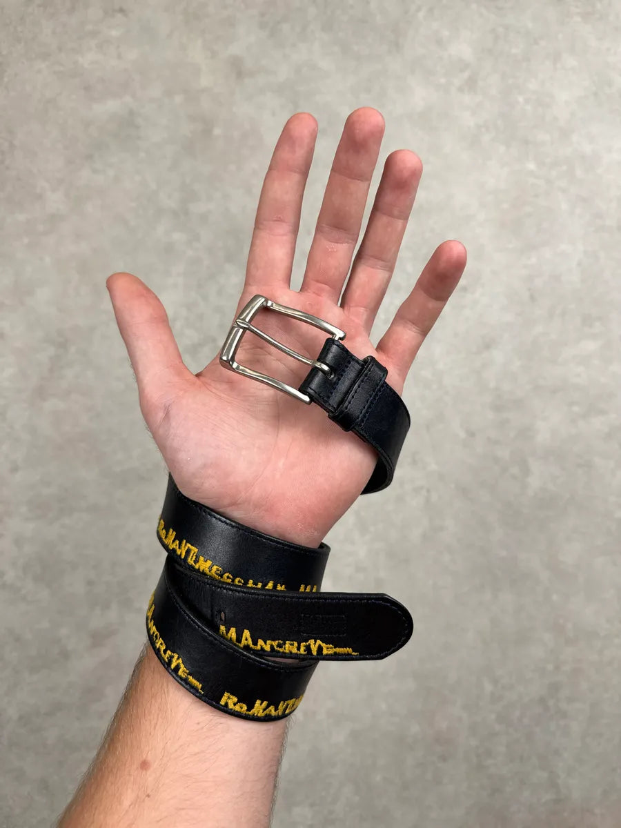 Marithé + François Girbaud Black Leather Yellow Script Embroidered Belt FkOuvxlL 1