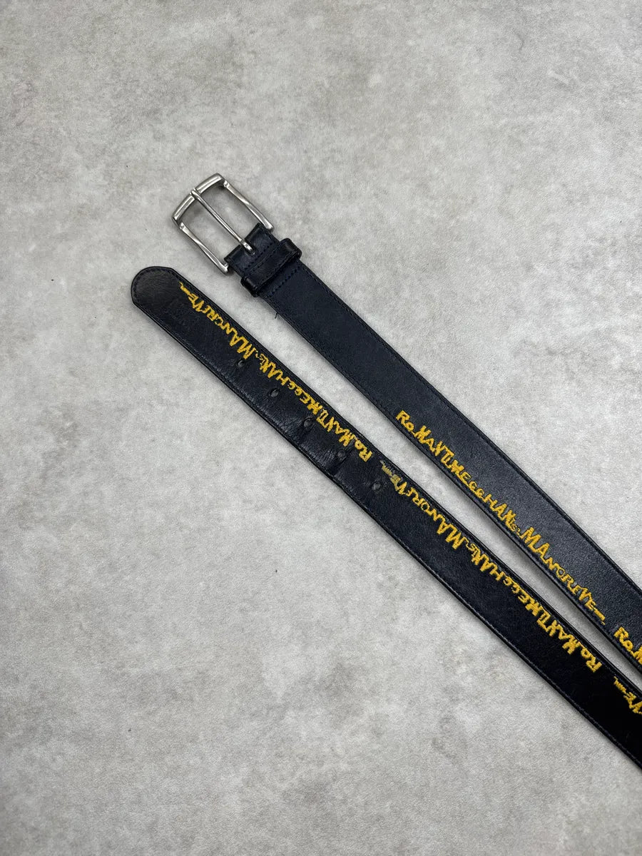 Marithé + François Girbaud Black Leather Yellow Script Embroidered Belt FkOuvxlL 3