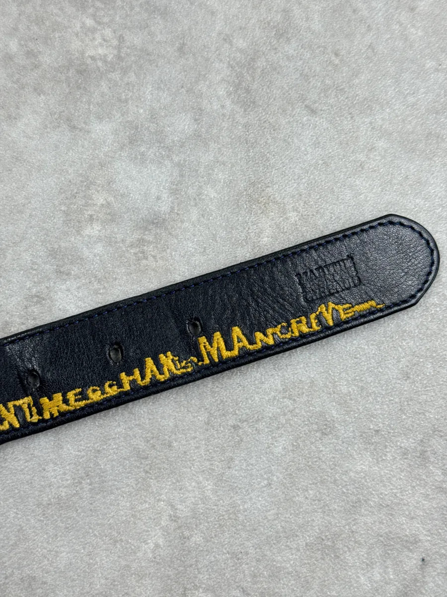 Marithé + François Girbaud Black Leather Yellow Script Embroidered Belt FkOuvxlL 6