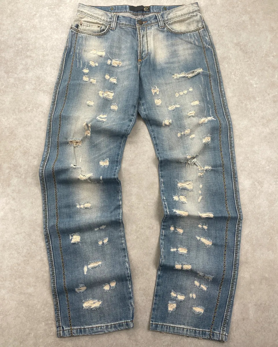 AW2005 Cavalli Light Blue Denim Distressed Contrast Stitch Jeans FlBdReqE 3