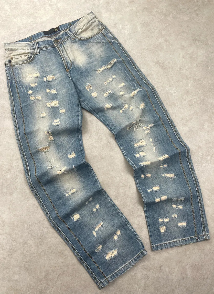 AW2005 Cavalli Light Blue Denim Distressed Contrast Stitch Jeans FlBdReqE 9