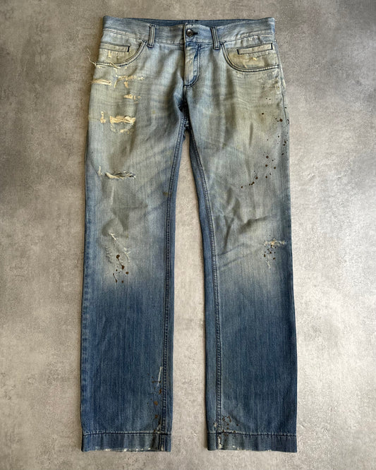 AW2005 Dolce & Gabbana Blue Denim Faded Painted Jeans  (L) - 1