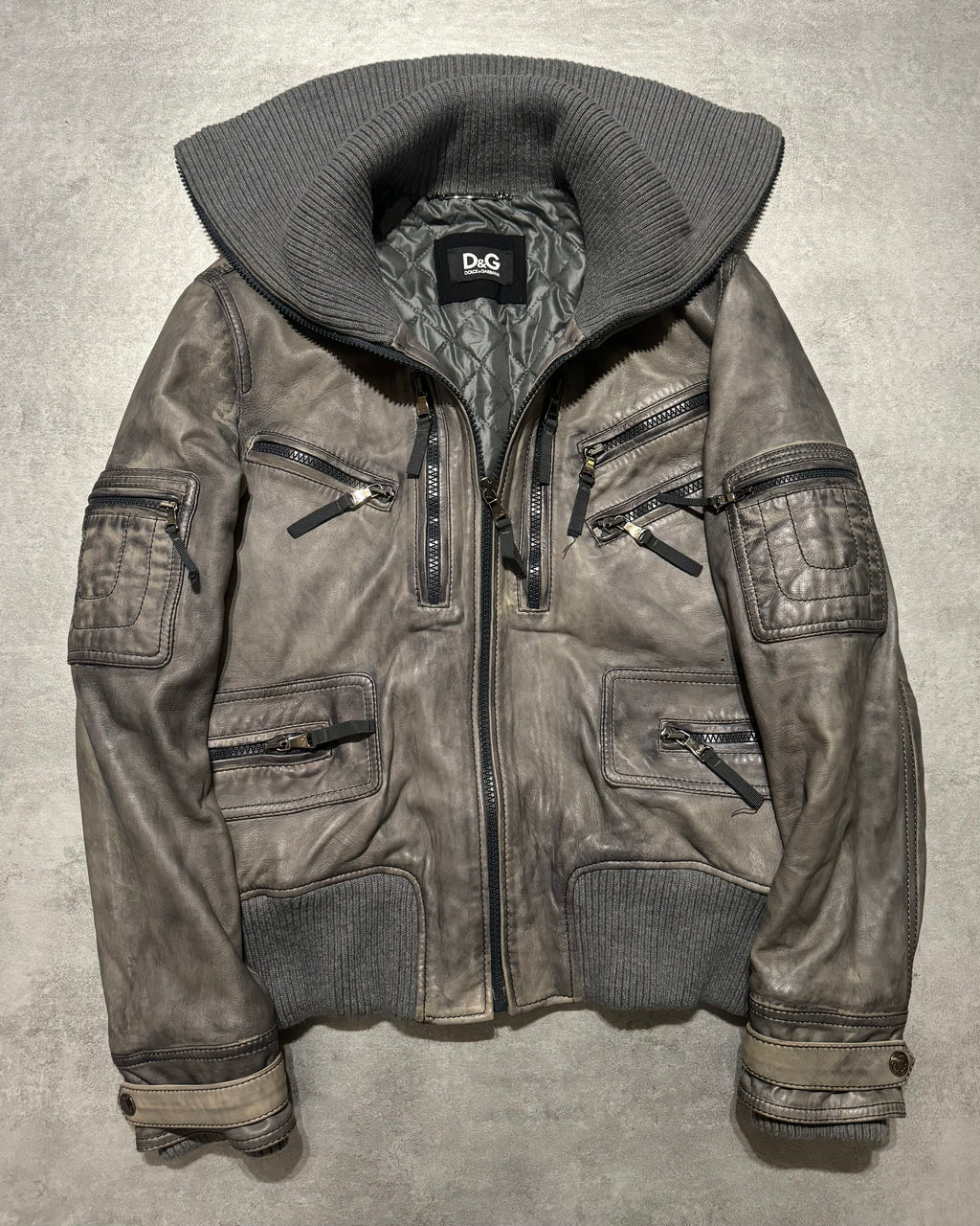 2000s Dolce & Gabbana Multi Zips Grey Archive Leather Jacket (L) - 5