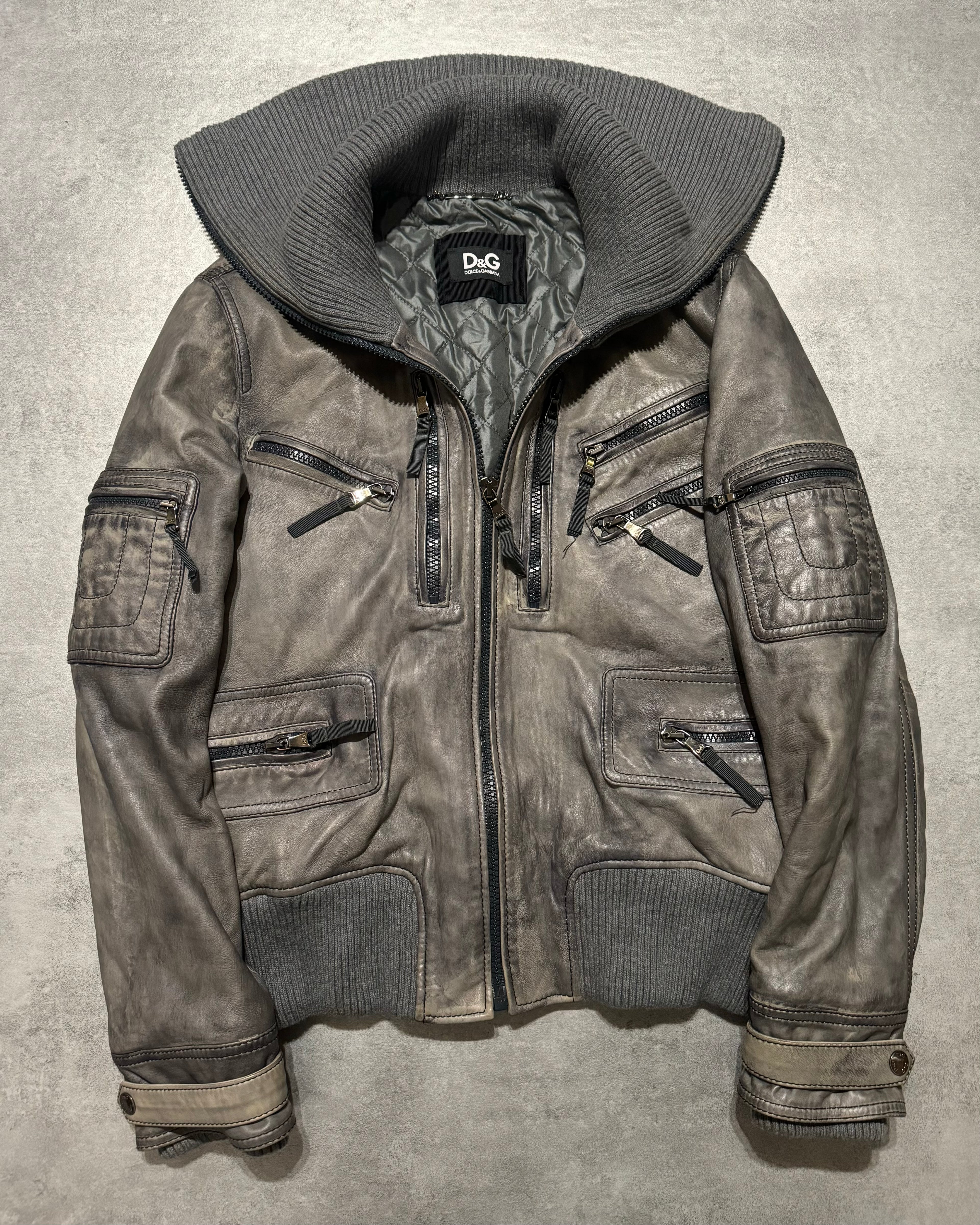 2000s Dolce & Gabbana Multi Zips Grey Archive Leather Jacket (L) - 5