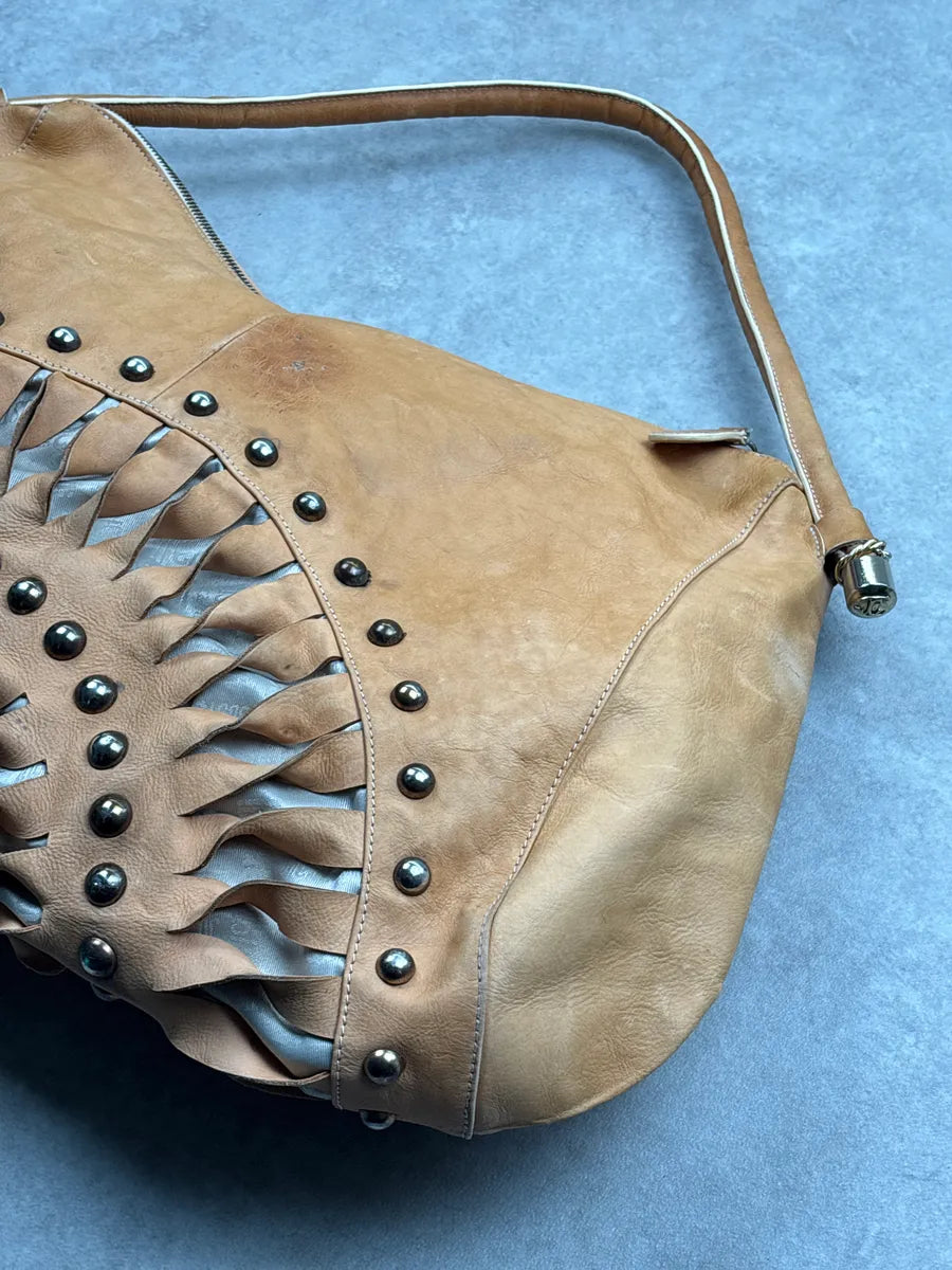2010s Cavalli Camel Leather Cutout Studded Shoulder Bag FwnXOOpj 10