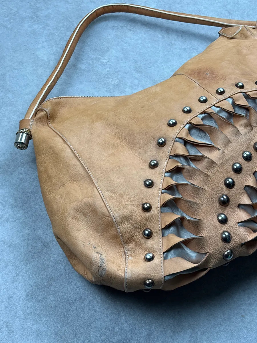 2010s Cavalli Camel Leather Cutout Studded Shoulder Bag FwnXOOpj 11