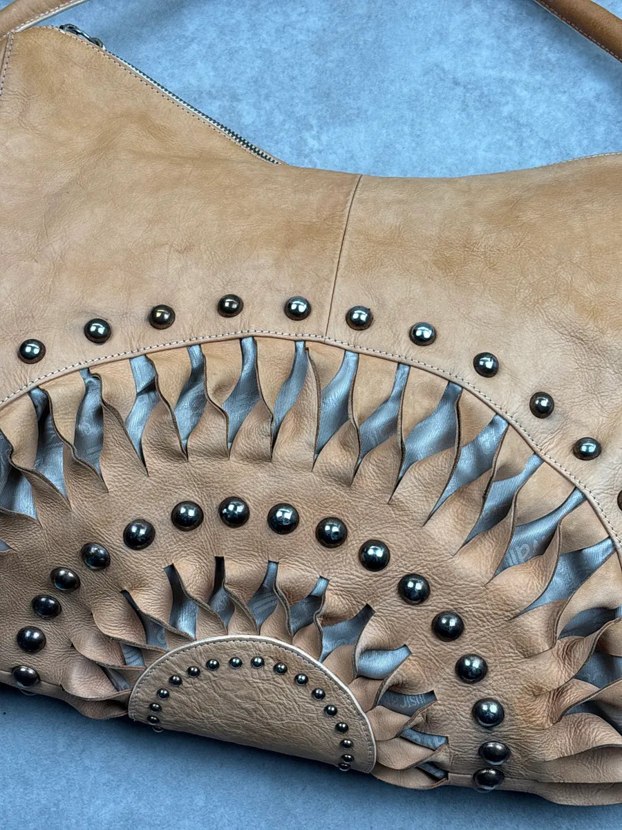2010s Cavalli Camel Leather Cutout Studded Shoulder Bag FwnXOOpj 4