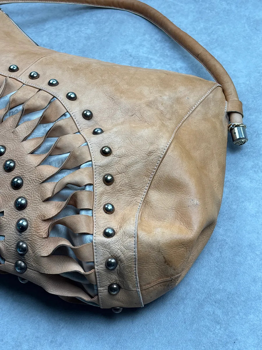 2010s Cavalli Camel Leather Cutout Studded Shoulder Bag FwnXOOpj 6