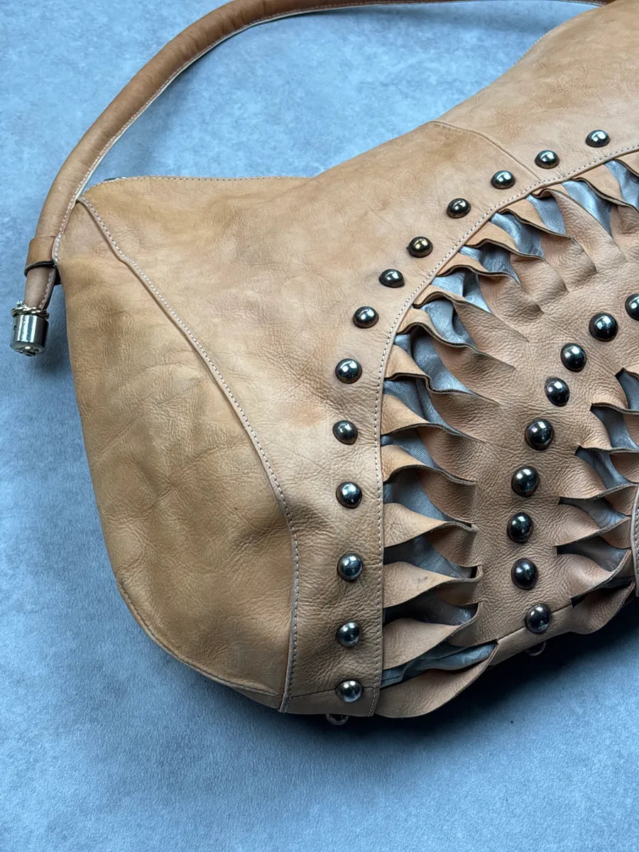 2010s Cavalli Camel Leather Cutout Studded Shoulder Bag FwnXOOpj 7