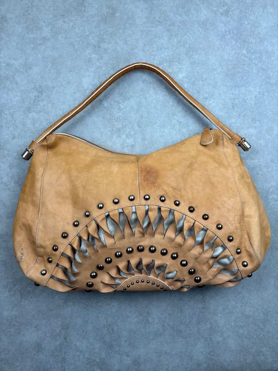 2010s Cavalli Camel Leather Cutout Studded Shoulder Bag FwnXOOpj 3