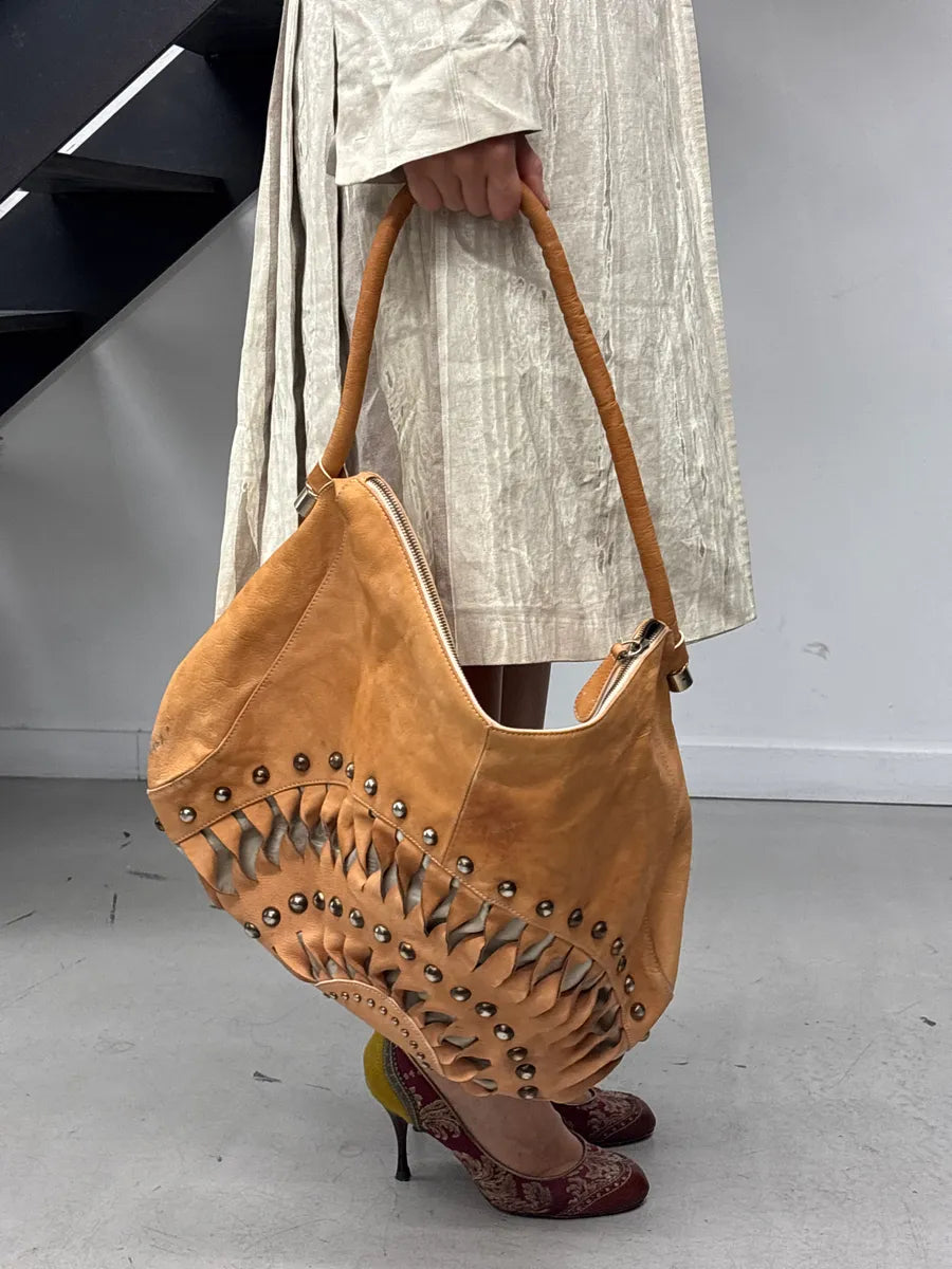 2010s Cavalli Camel Leather Cutout Studded Shoulder Bag FwnXOOpj 2