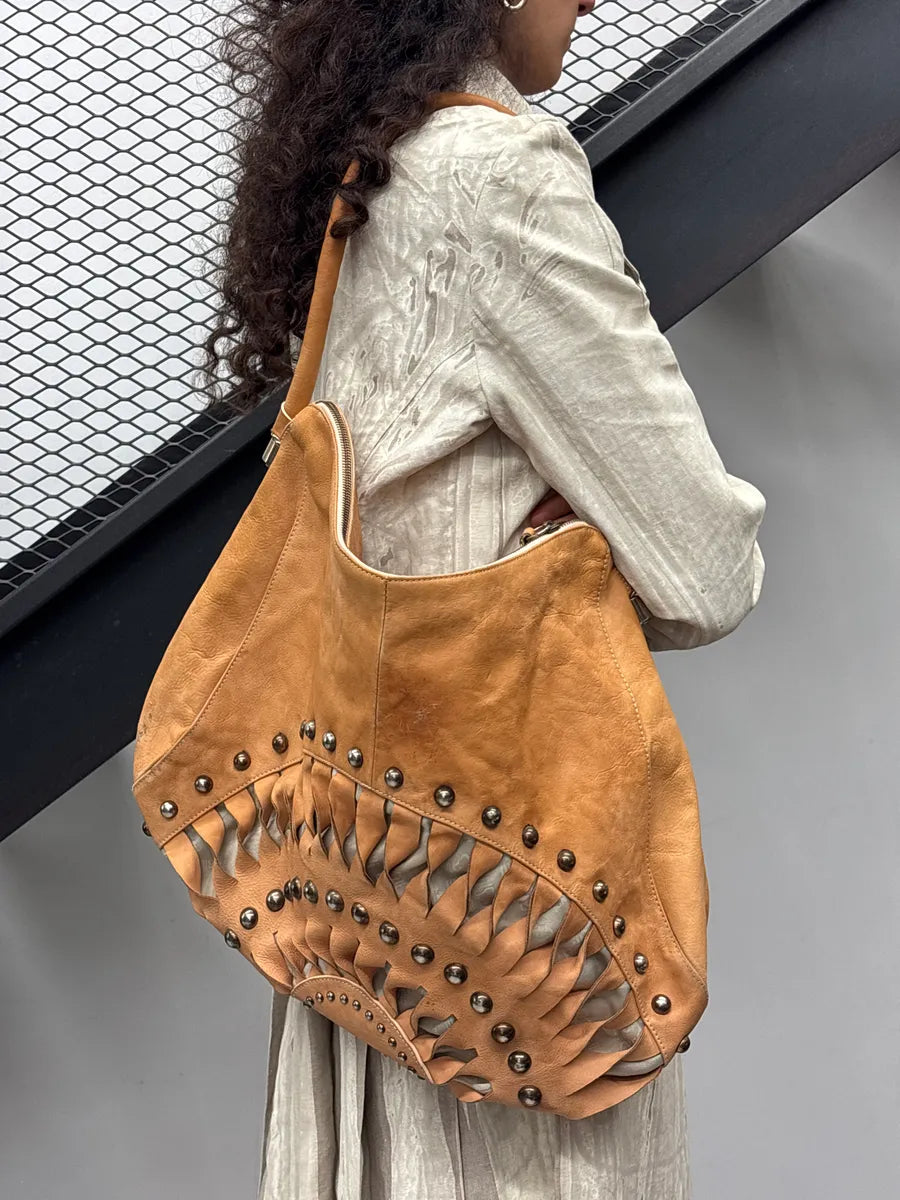 2010s Cavalli Camel Leather Cutout Studded Shoulder Bag FwnXOOpj 0