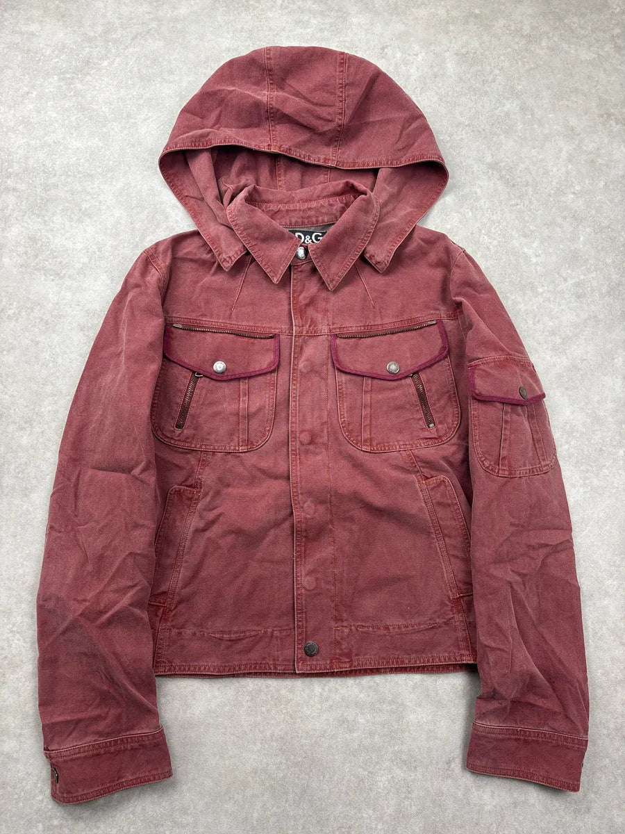 SS2003 Dolce & Gabbana Burgundy Hooded Multi-Pocket Denim Jacket FzfitVQX 0