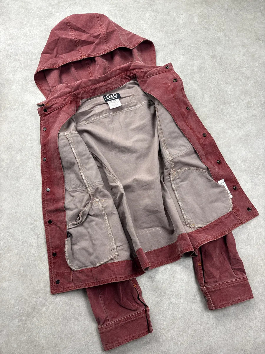 SS2003 Dolce & Gabbana Burgundy Hooded Multi-Pocket Denim Jacket FzfitVQX 7