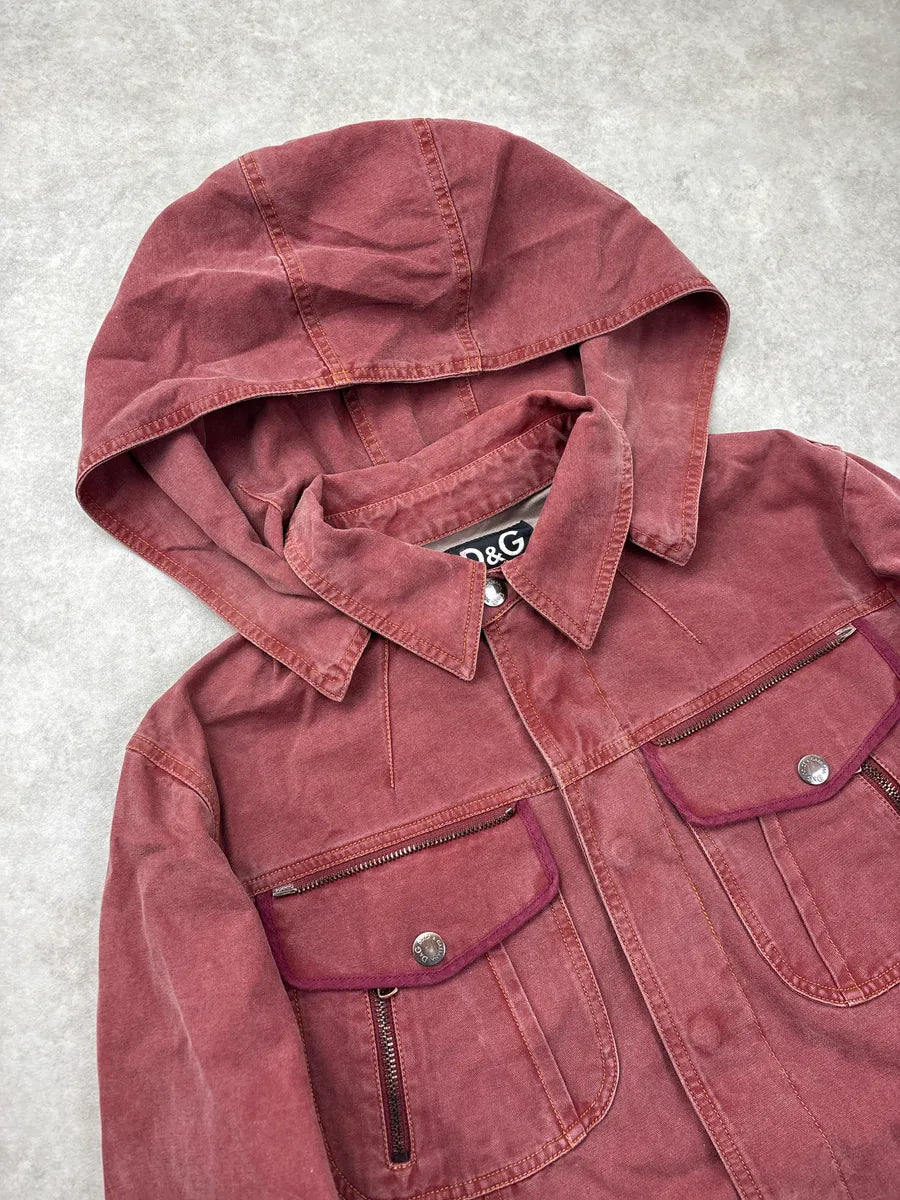 SS2003 Dolce & Gabbana Burgundy Hooded Multi-Pocket Denim Jacket FzfitVQX 5