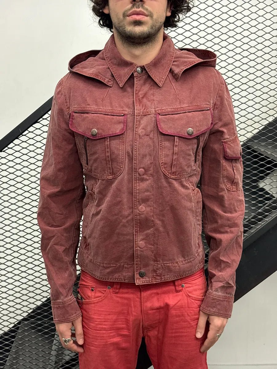 SS2003 Dolce & Gabbana Burgundy Hooded Multi-Pocket Denim Jacket FzfitVQX 1