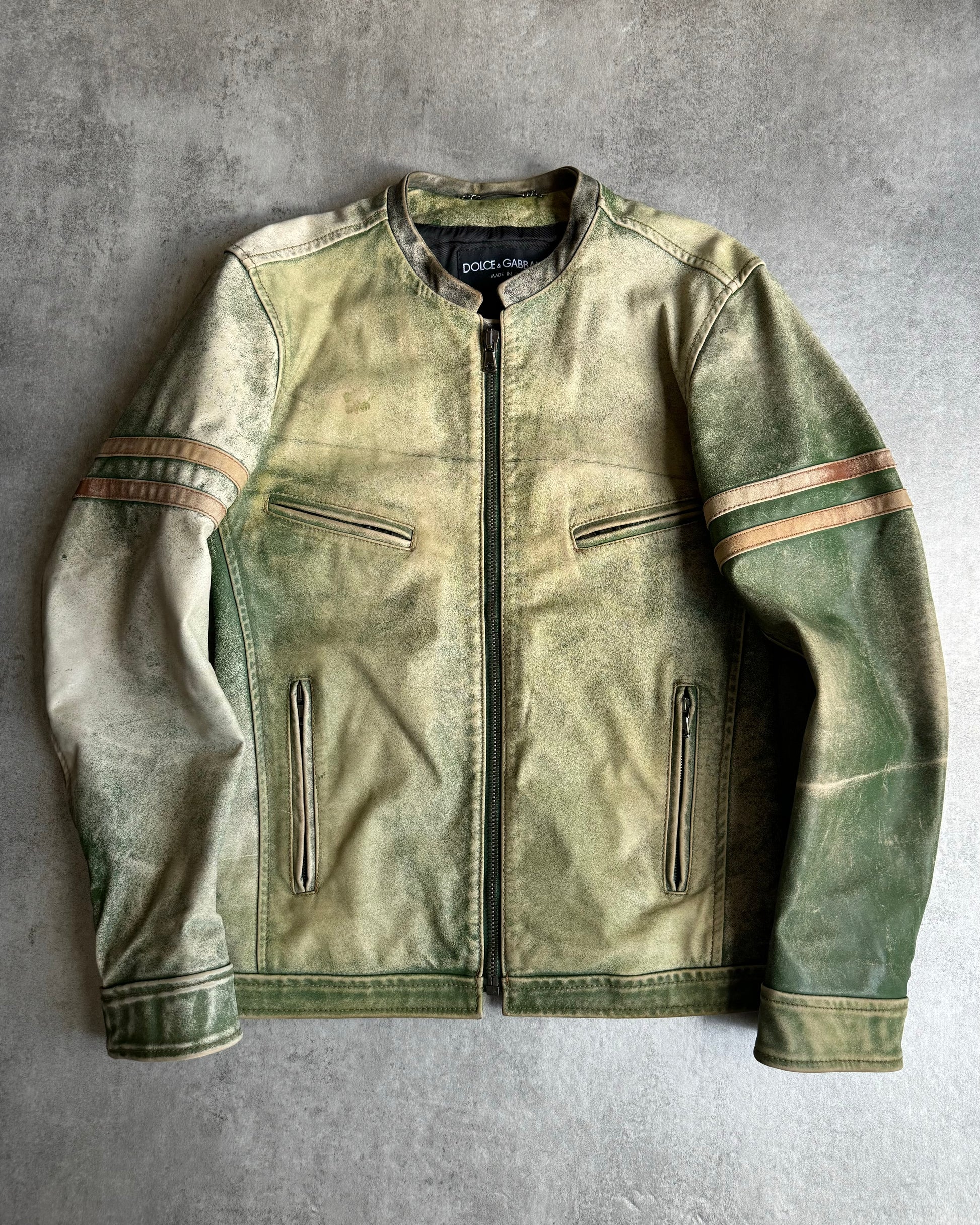 2000s Dolce & Gabbana Retro Effect Green Faded Racing Biker Leather Jacket  (S/M) - 6