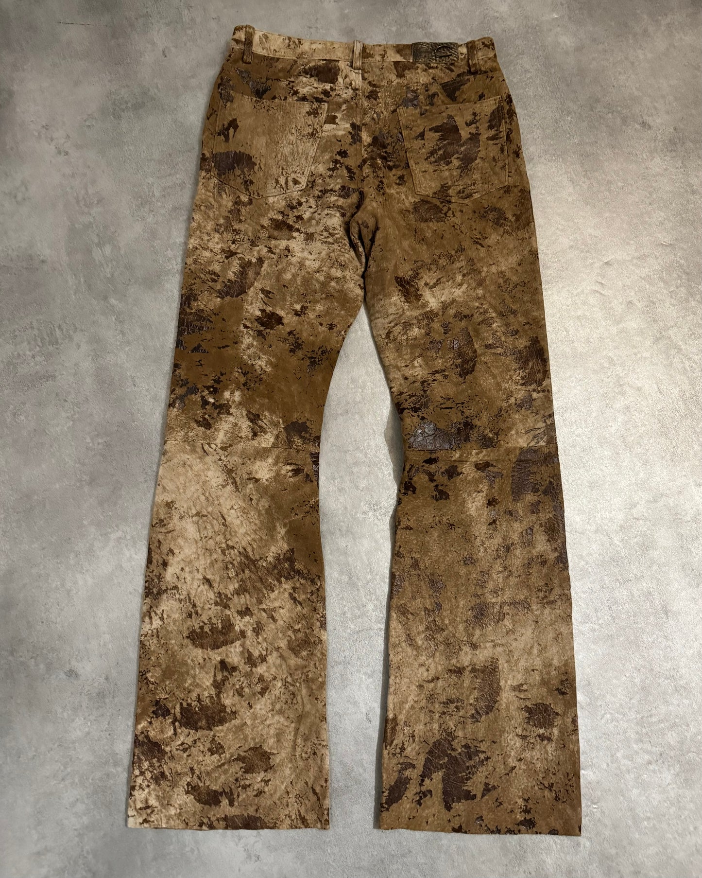 AW2004 Cavalli Textured Brown Eroded Camouflage Leather Pants (M) - 5