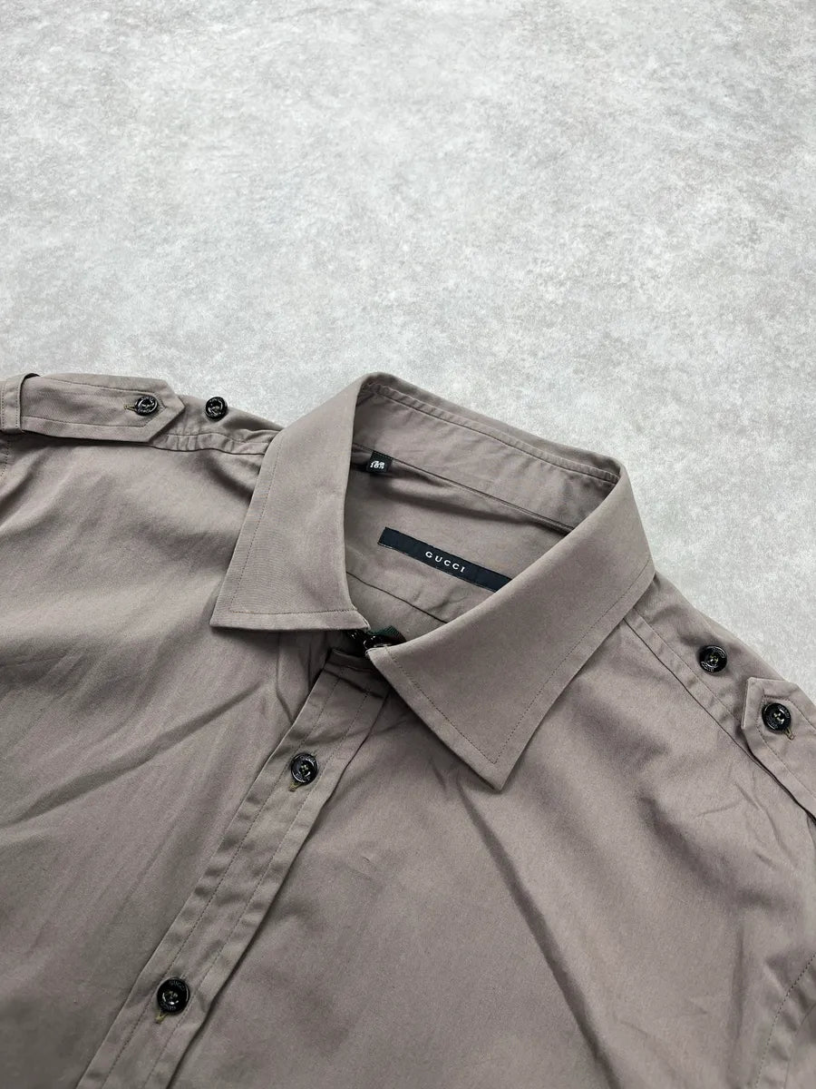 2000s Gucci Crest Embroidered Taupe Shirt GBLLXpnl 9