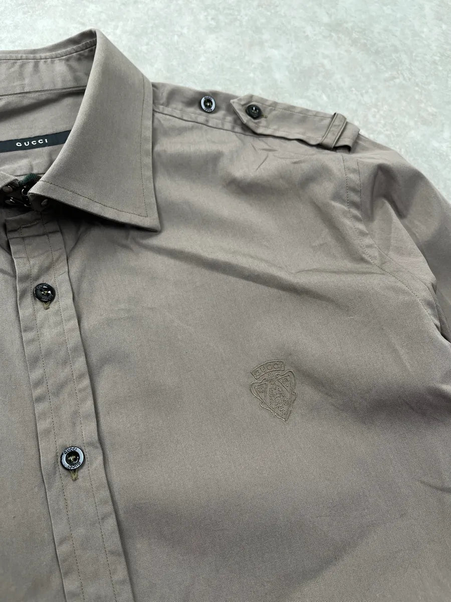 2000s Gucci Crest Embroidered Taupe Shirt GBLLXpnl 6