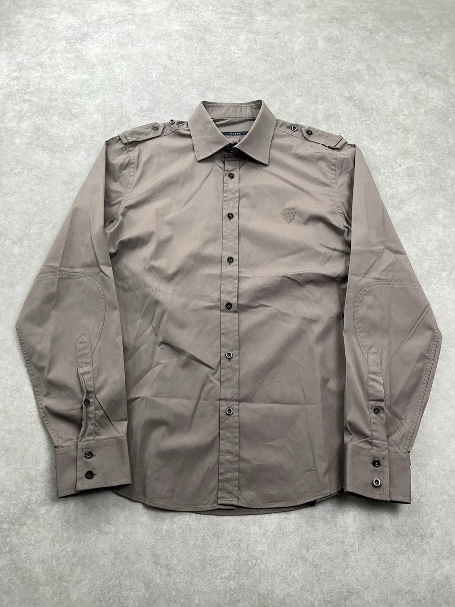 2000s Gucci Crest Embroidered Taupe Shirt GBLLXpnl 0