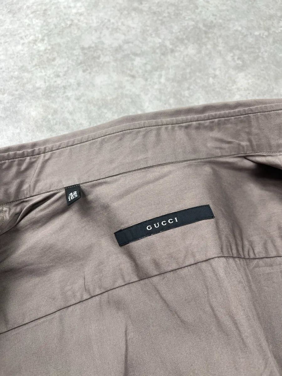 2000s Gucci Crest Embroidered Taupe Shirt GBLLXpnl 10