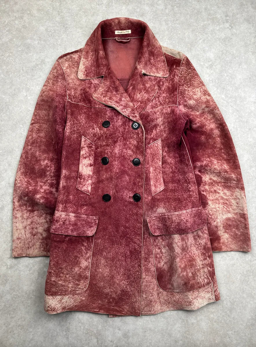 1990s Jean Paul Gaultier Burgundy Suède Leather Mottled Double-Breasted Coat GCzLJTsc 4