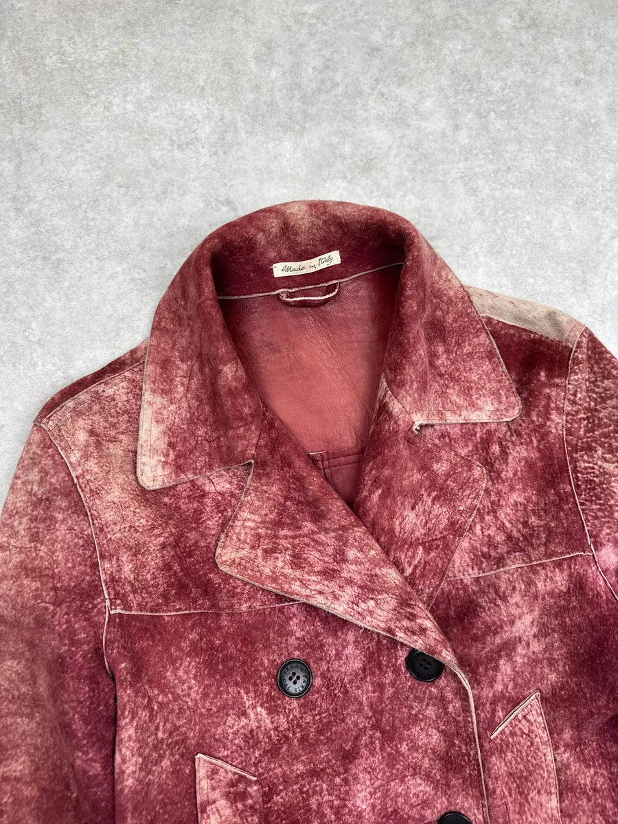 1990s Jean Paul Gaultier Burgundy Suède Leather Mottled Double-Breasted Coat GCzLJTsc 7