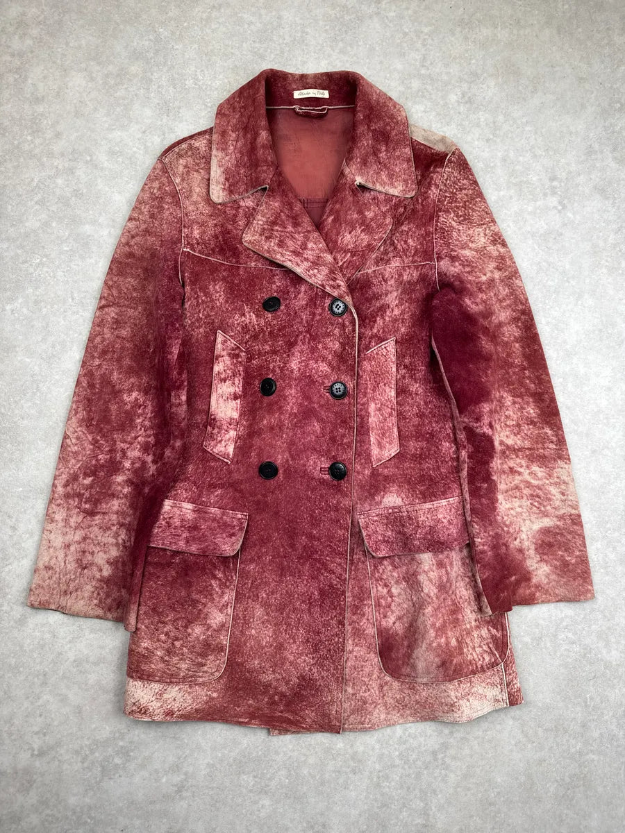 1990s Jean Paul Gaultier Burgundy Suède Leather Mottled Double-Breasted Coat GCzLJTsc 0