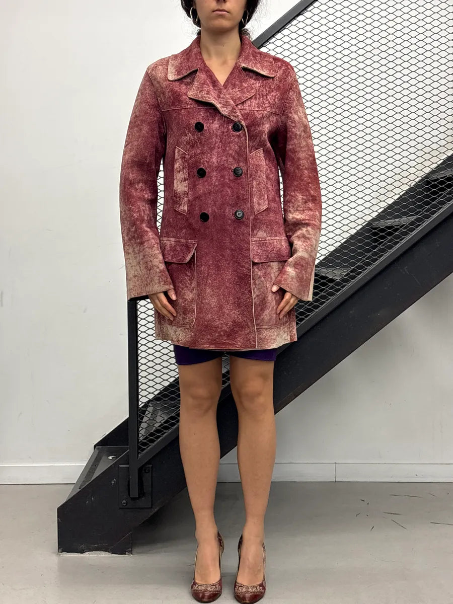 1990s Jean Paul Gaultier Burgundy Suède Leather Mottled Double-Breasted Coat GCzLJTsc 1