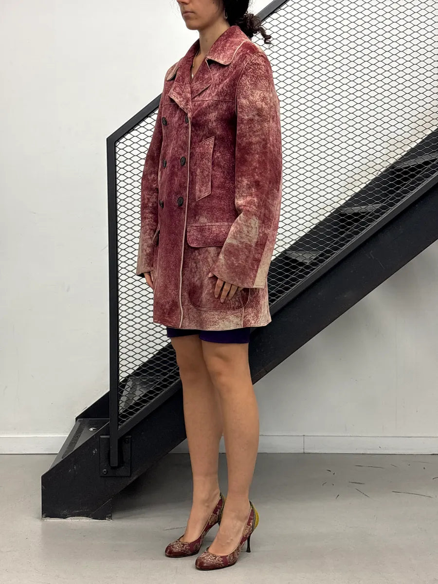 1990s Jean Paul Gaultier Burgundy Suède Leather Mottled Double-Breasted Coat GCzLJTsc 2