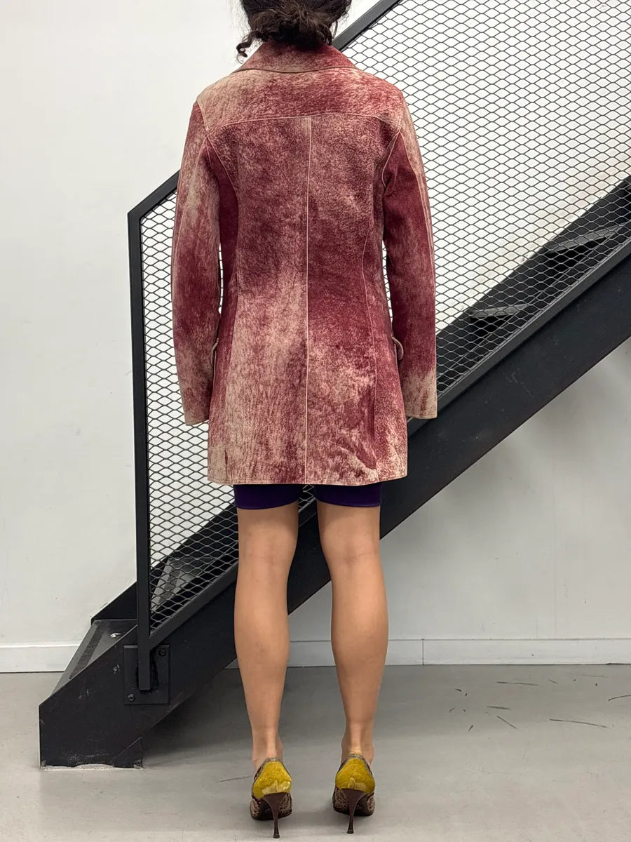 1990s Jean Paul Gaultier Burgundy Suède Leather Mottled Double-Breasted Coat GCzLJTsc 3