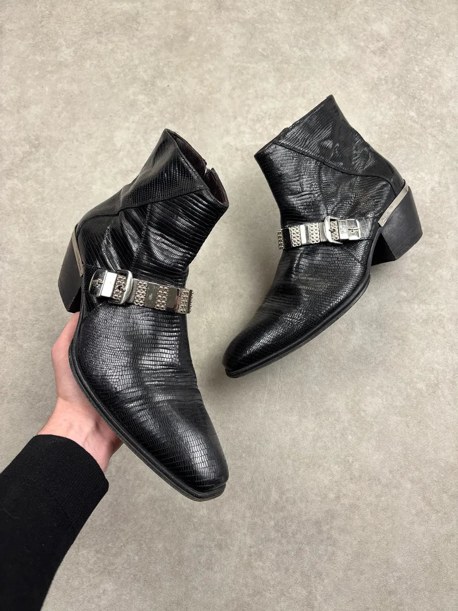 Cesare Paciotti Black Leather Lizard-Embossed Harness Boots GGNcYXpM 0