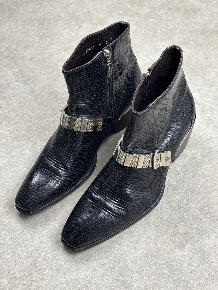 Cesare Paciotti Black Leather Lizard-Embossed Harness Boots GGNcYXpM 3