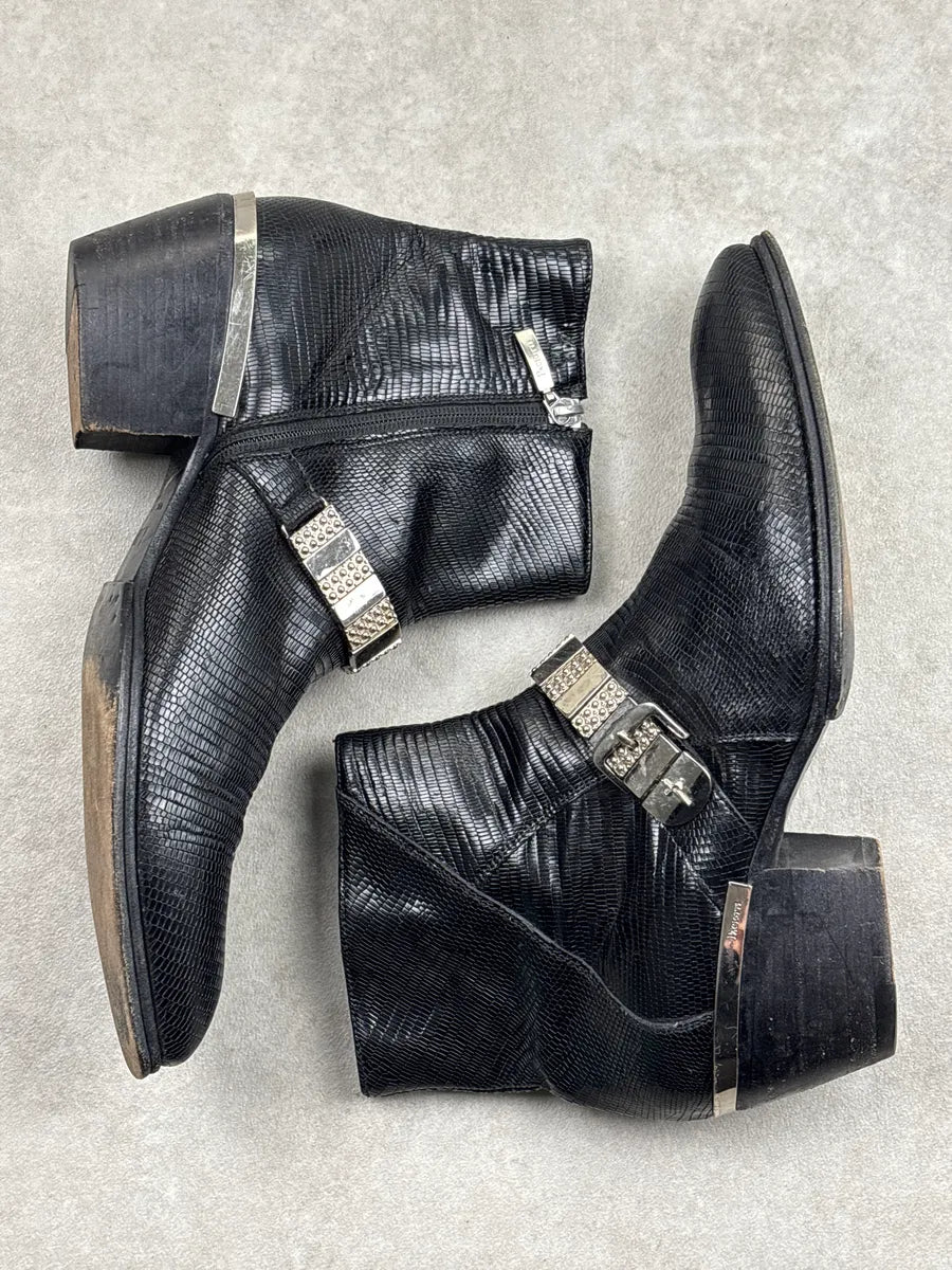 Cesare Paciotti Black Leather Lizard-Embossed Harness Boots GGNcYXpM 6