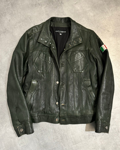 2000s Dolce & Gabbana Italian Deep Green Biker Leather Jacket (L) - 2